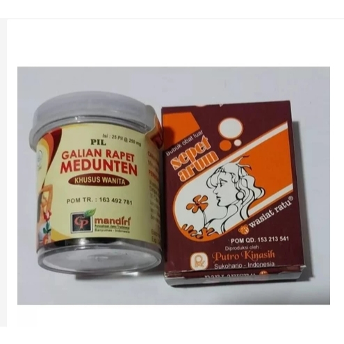 sepaket medunten 25 pil & sepet arum 10 shaset serbuk cebok perapat miss v