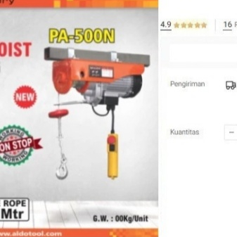 

Electric Hoist ALDO PA 500 Katrol Elektrik Seling Listrik Lift Sling