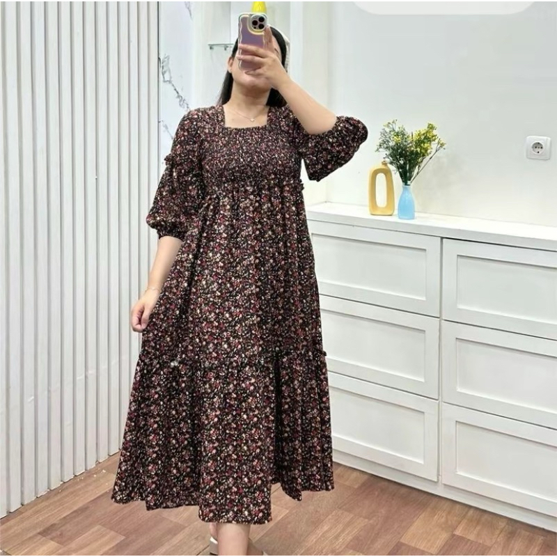 wqe Dres Rayon Motif Bunga Jumbo Smoke Adem Kekinian