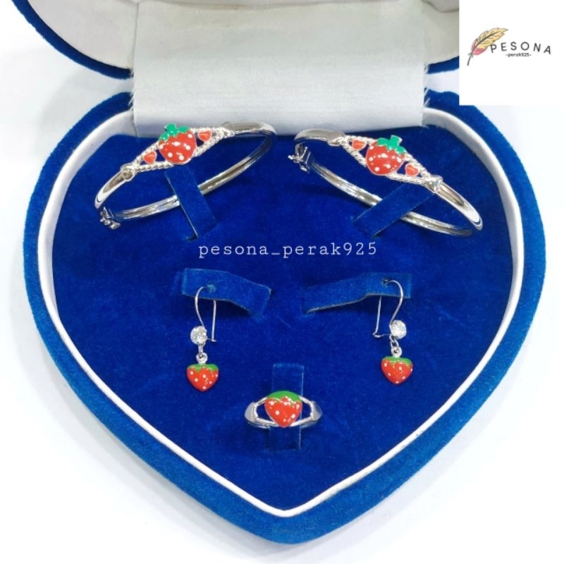 Set Perhiasan Anak Perak Anak Asli Silver 925 Lapis Emas Putih Model Strawberry  Cat - Perhiasan Per