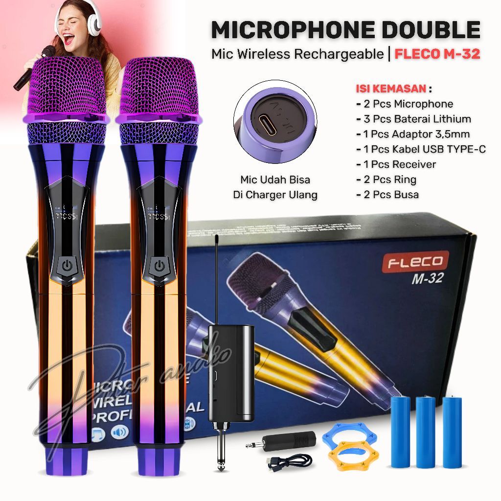 Mic Wireless Fleco M32 (DOUBE MIC) / M-32S (SINGLE MIC) Microphone Karaoke Tanpa Kabel / Mic Wireles