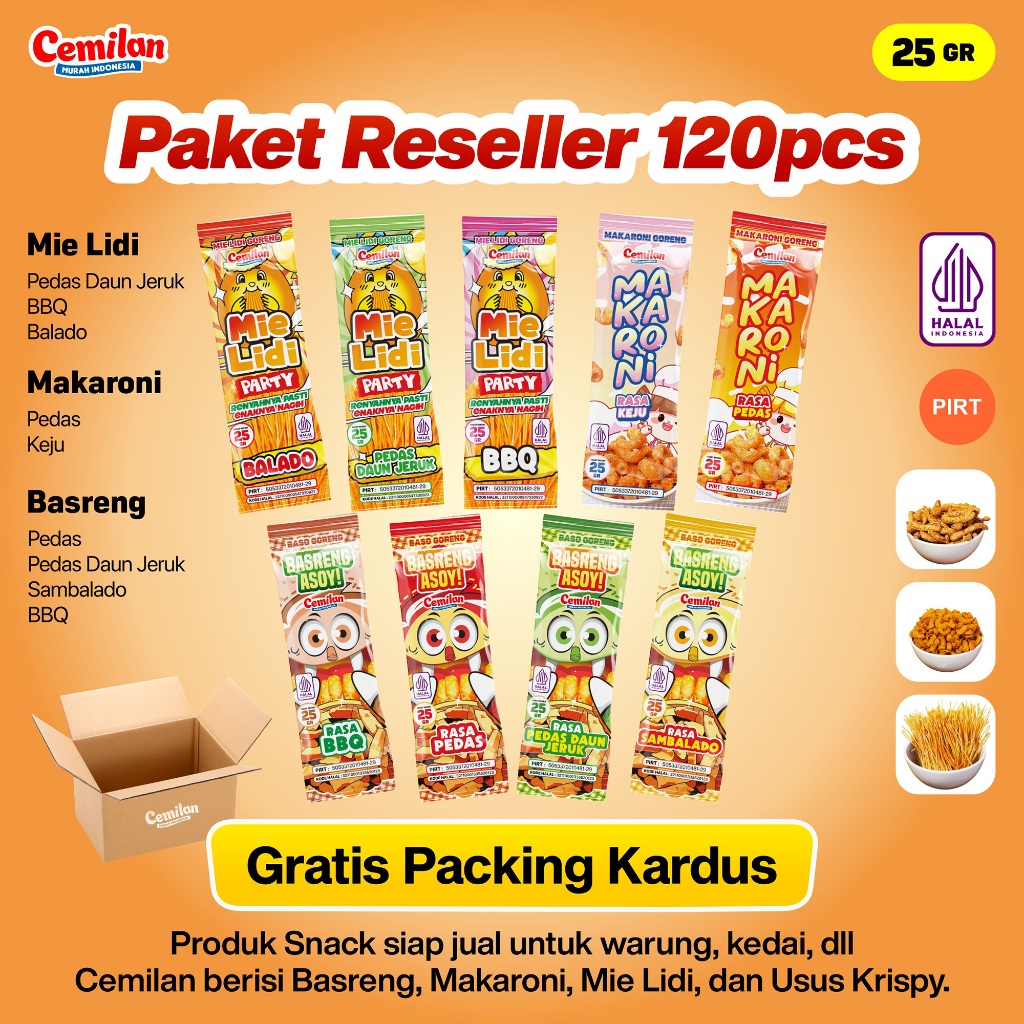 

Paket Usaha 120pcs Reseller Snack Cemilan Murah Indonesia - Makaroni Basreng Mie Lidi - Food Halal Renyah Gurih Asin Goreng Pedas