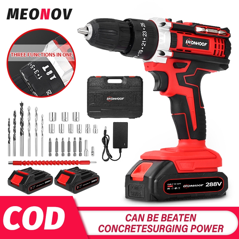 IRONHOOF Bor Listrik 288V Bor Impact Baterai Cordless Untuk Besi Tembok Beton Kayu Mesin Bor Baterai