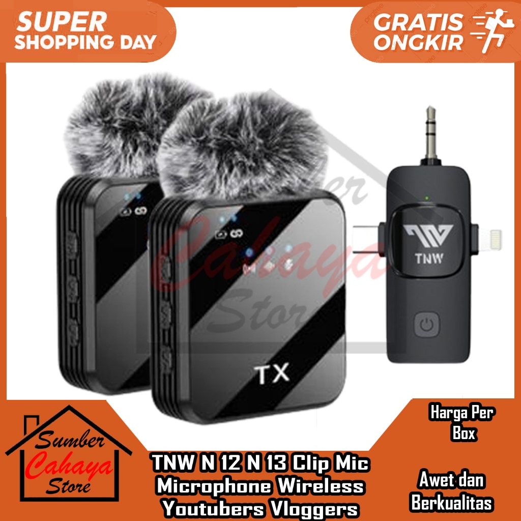TNW N12/N13 Wireless Microphone 2 In 1 Clip On Mic Wireles Dual Lavalier Mikrofon Android Iphone Cha