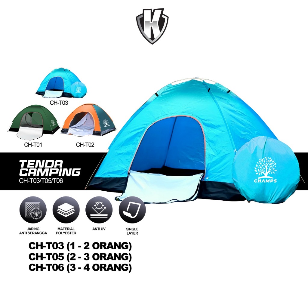 CHAMPS Tenda Camping Otomatis 4-6 Orang – Tenda Dome Biru Outdoor & Indoor Gunung