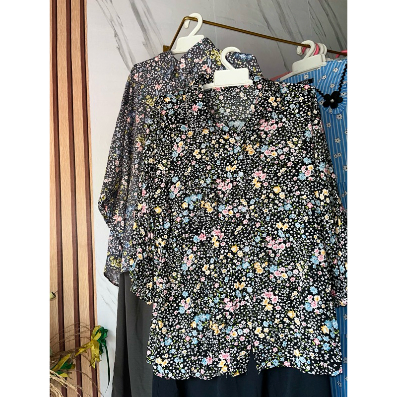 Setelan kemeja rayon twill/one set wanita dewasa motif bunga kekinian