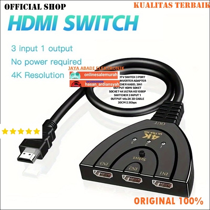 V203 ORI HDTV SWITCH 3 PORT 50CM CONVERTER ADAPTER PORTS  SWITCHER KABEL 3IN1 OUTPUT HDMI SOKET SOCK
