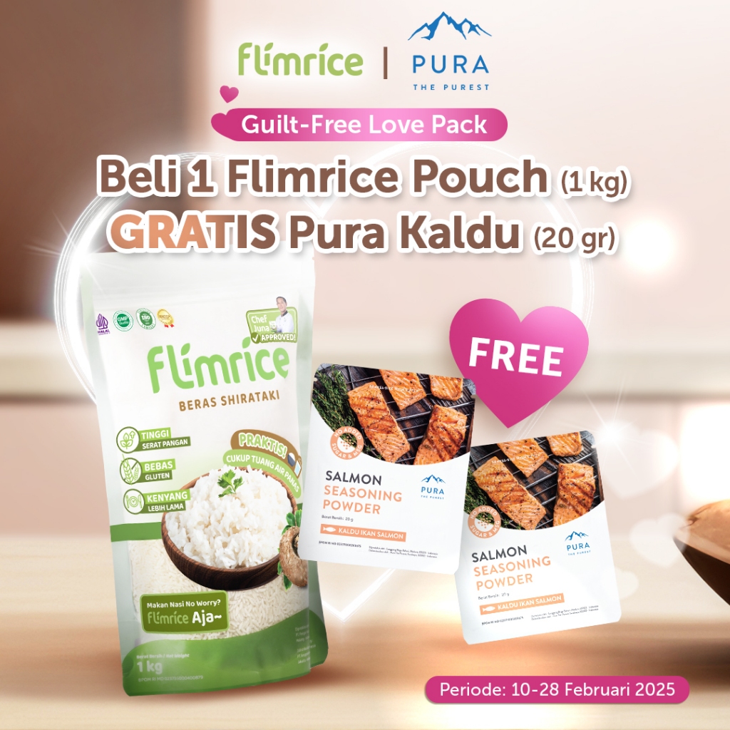 

Guilt-Free Love Pack - 1 Flimrice Pouch free 2 Pura Kaldu (20 gr) (Salmon / Ayam / Sapi / Jamur)