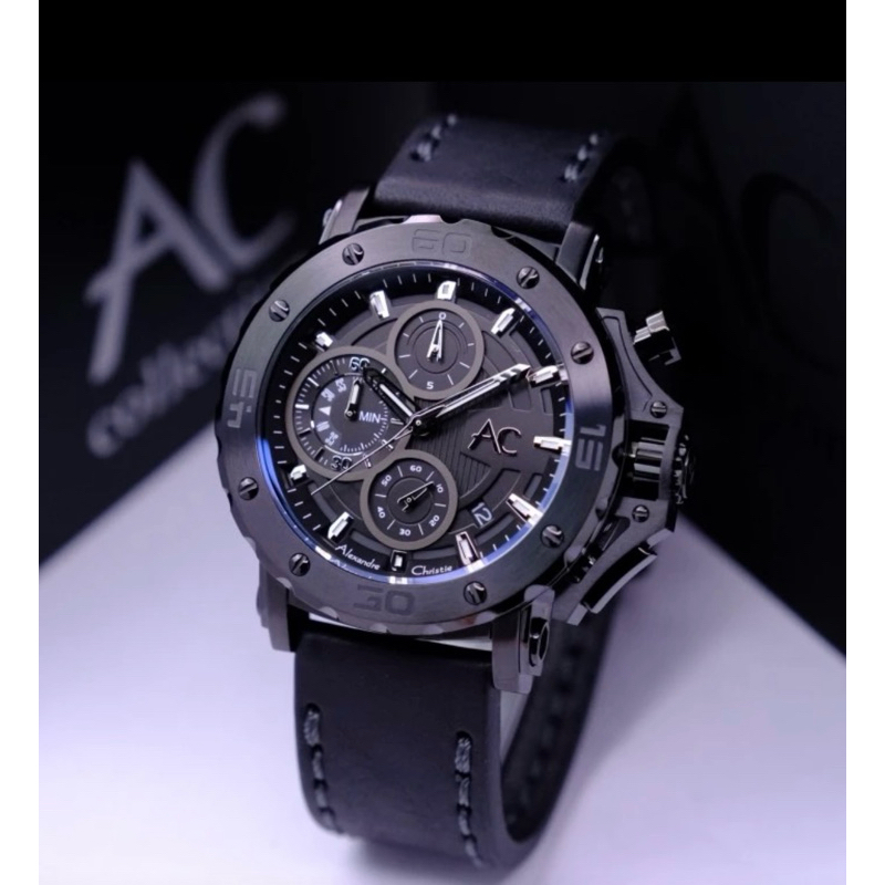 JAM TANGAN PRIA ALEXANDRE CHRISTIE AC9205 / AC 9205  KULIT ORIGINAL GARANSI RESMI 1 TAHUN FULL BLACK