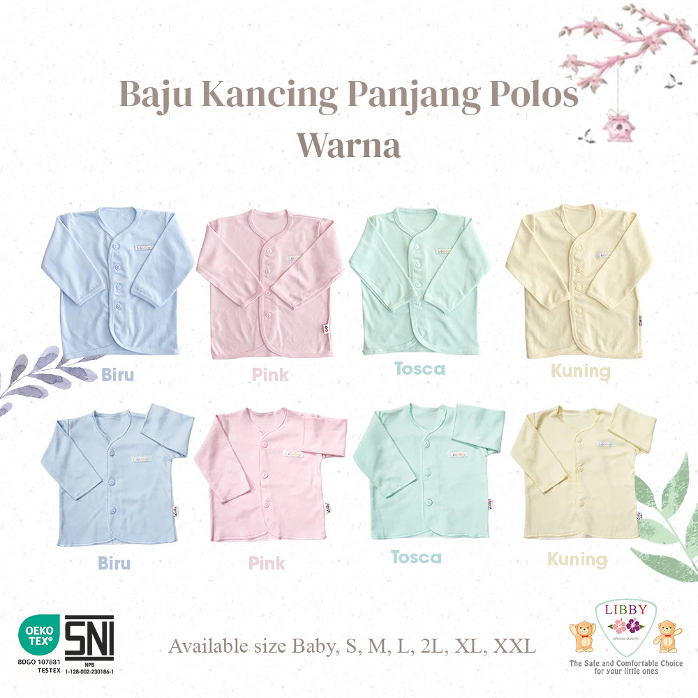 Setelan Baju Panjang Bayi SML Kecil Polos Warna Kancing Depan Libby