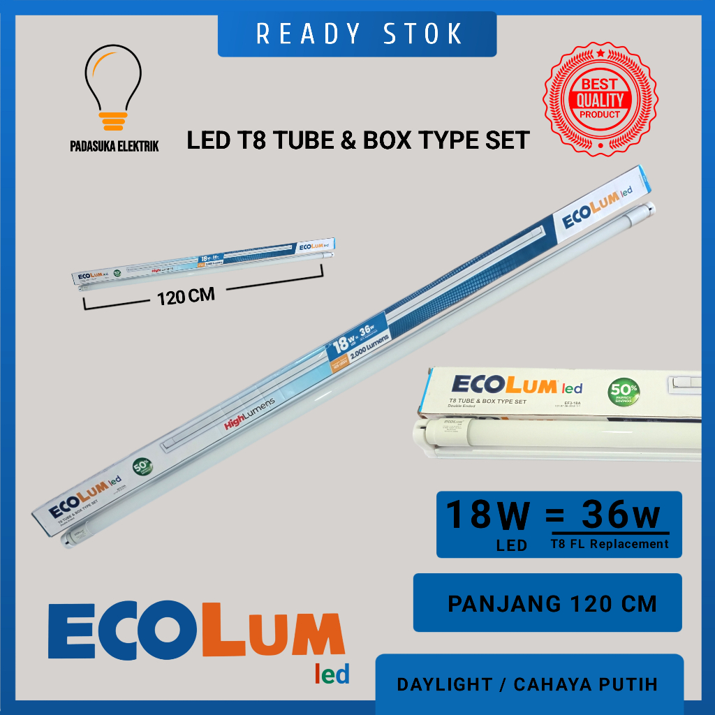 LAMPU TL LED T8 18 WATT 120 CM ECOLUM / KAP  LAMPU TL LED SET T8 18 WATT 120 CM ECOLUM / KAP  LAMPU 