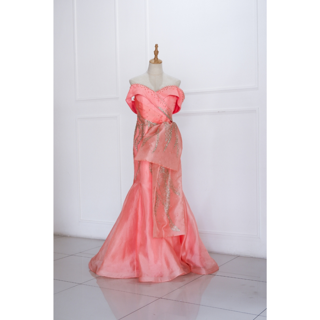 Peach Sabrina Pita Mutiara Long Dress Mewah Preloved Second