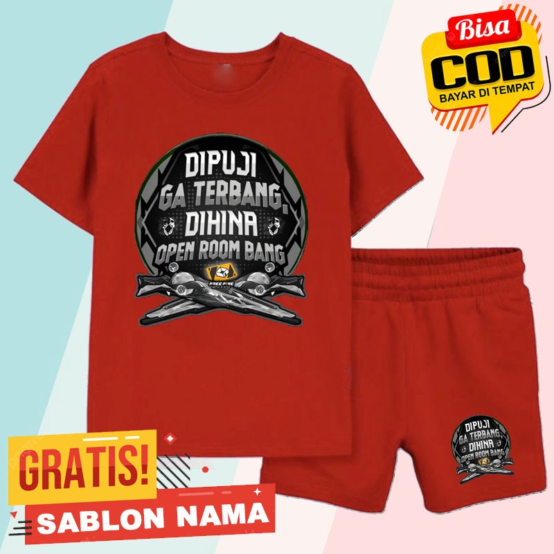 Setelan Baju kaos Anak FF Free Fire Elit Cees Gank Dipuji Ga Terbang Dihina Open Room Bang - Setelan