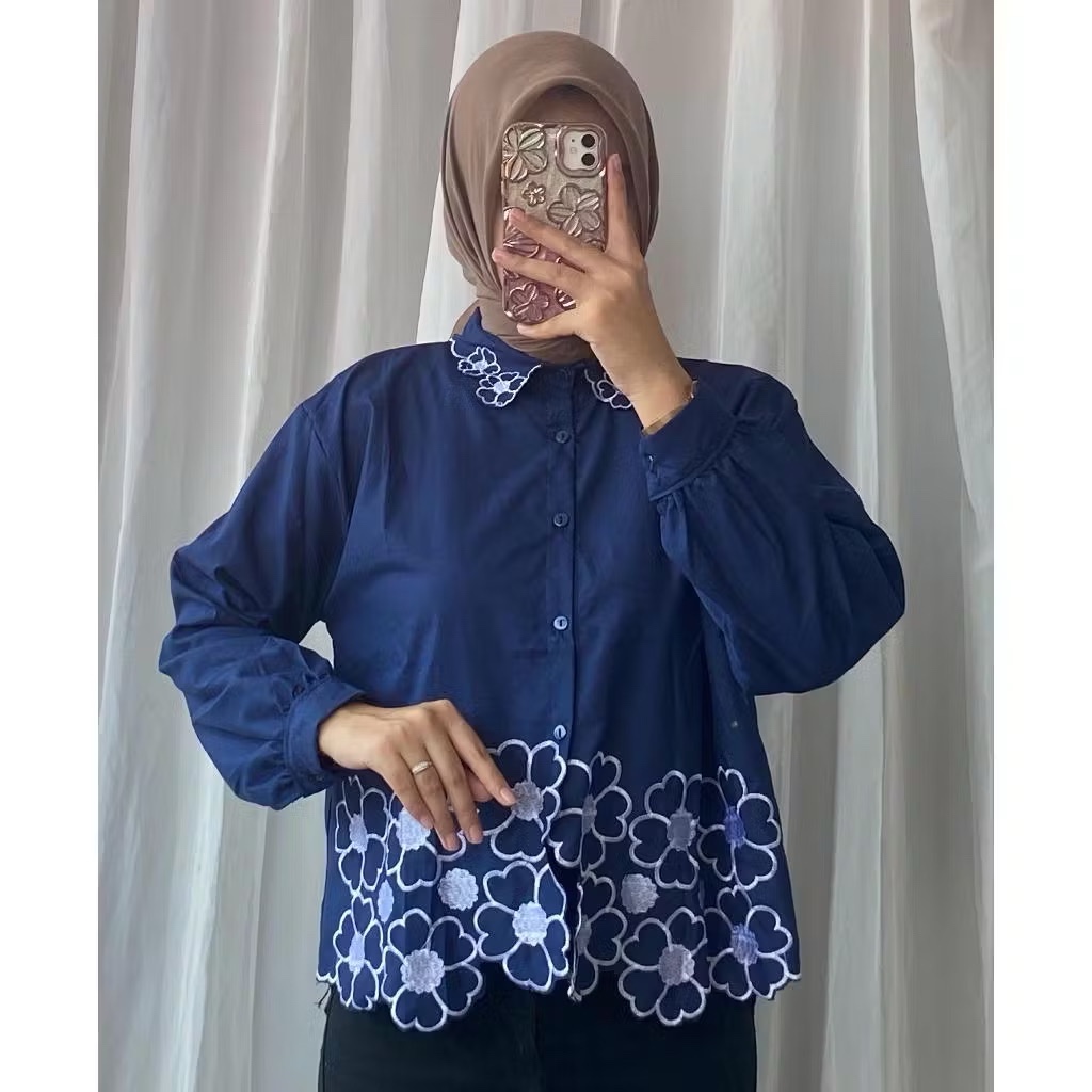 RAHMS KEMEJA BORDIR BUNGA | ATASAN WANITA KEMEJA BORDIR MOTIF