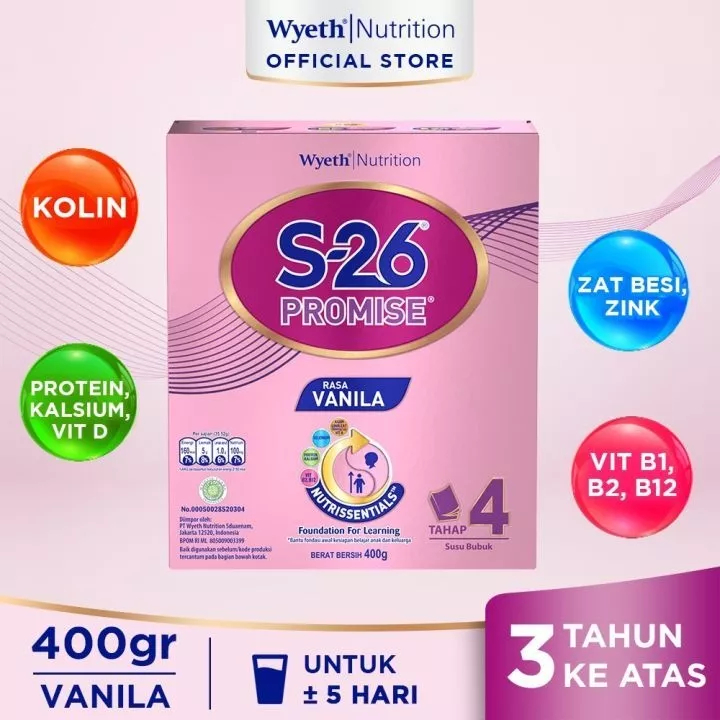 

S-26 PROMISE VANILA TAHAP 4 USIA 3-12 TAHUN 400 GR SUSU PERTUMBUHAN