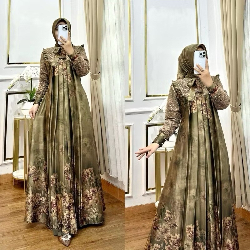 NEW PRODUCT Gamis Armany Silk Tsabina Abaya Babydoll Free Jilbab Bahan Silk Saten Motif Kembang -