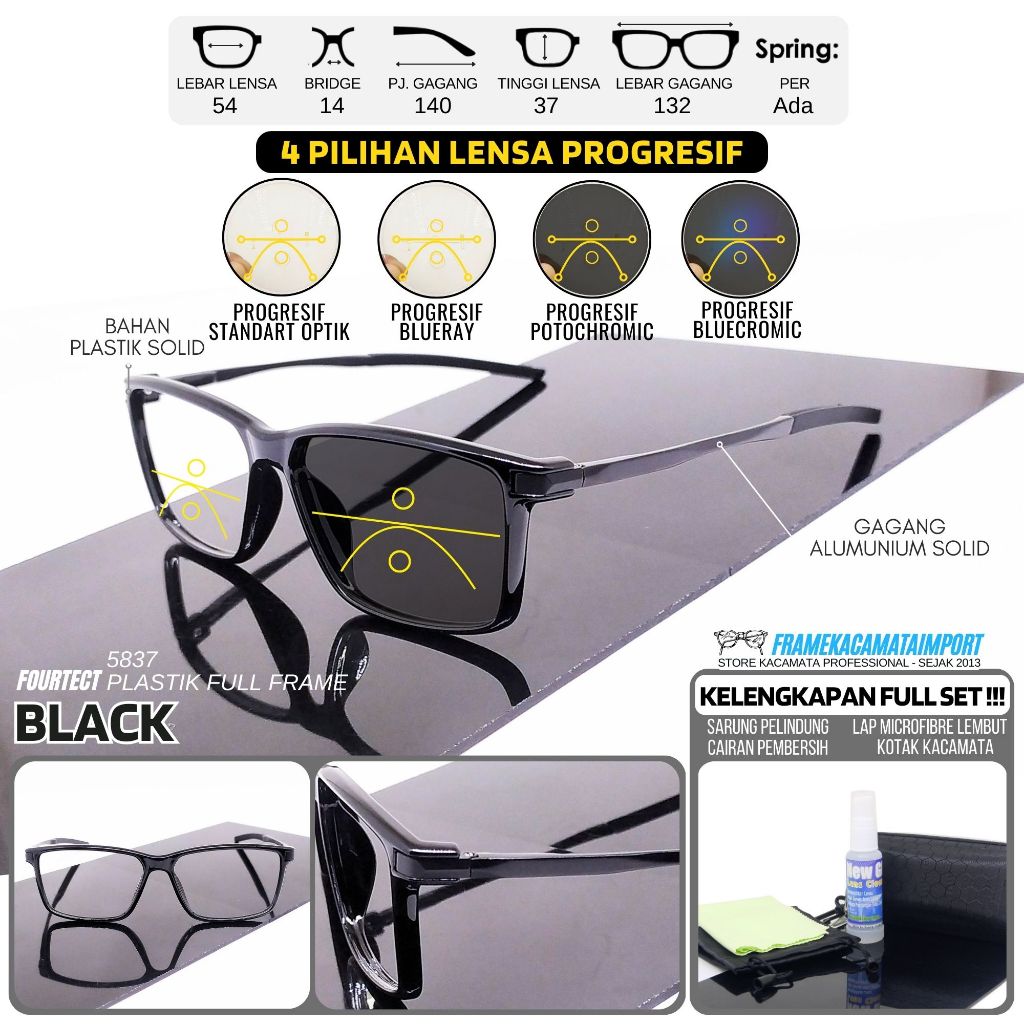 Kacamata Double Fokus Progresif Pria Kotak Sporty Plastik Gagang Alumunium