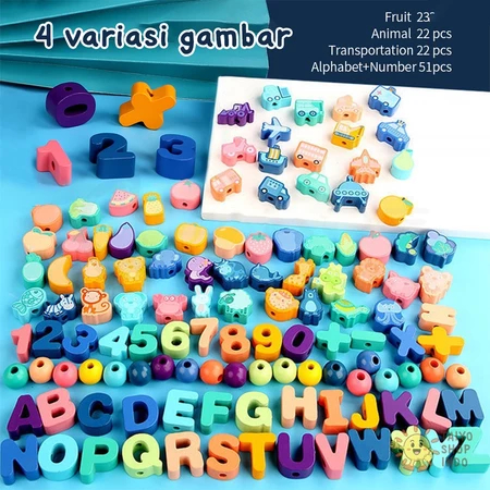 Mainan Anak 3D Blok Kayu Wooden Block Set Puzzle Angka Huruf Buah Edukasi Free Tali