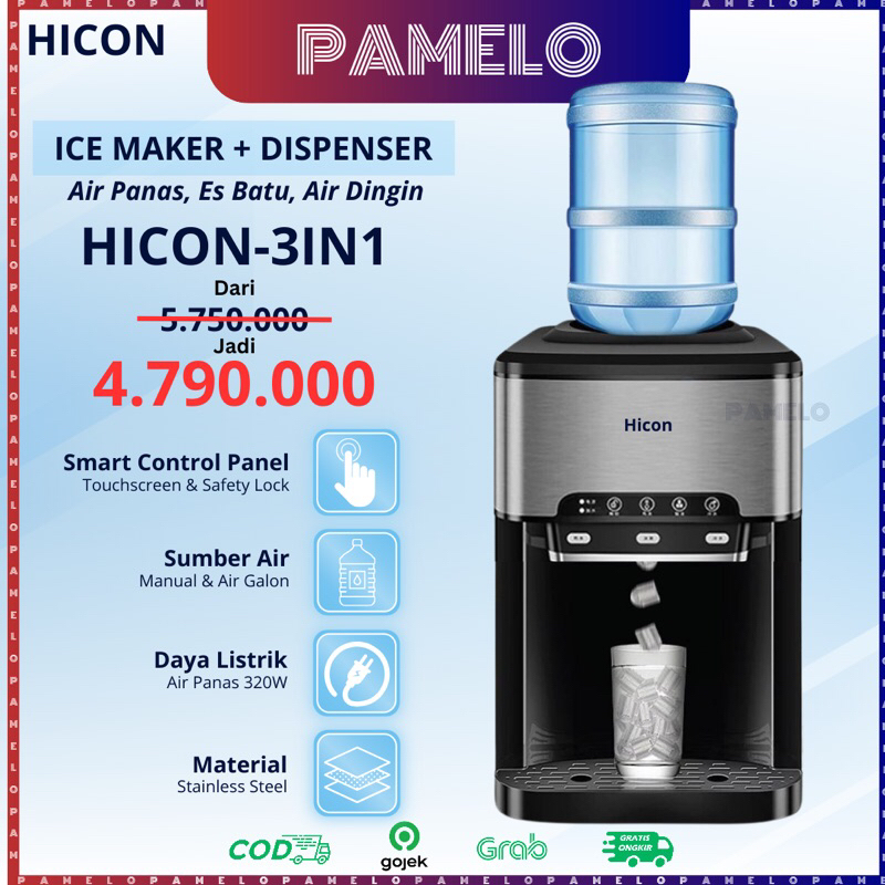 (READY TIDAK PO)HICON Mesin Es Batu Dispenser 3 In 1 Air Panas, Air Es Dan Es Batu Multifungsi
