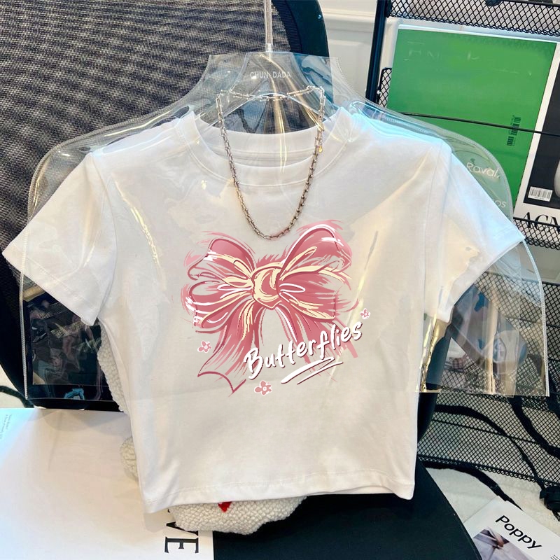 Forteid Kaos T-shirt Crop Top Lengan Pendek Baju Kaos Bow Print Crop Top Y2K Korean Style Baju Atasa