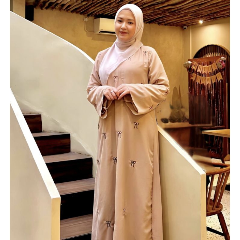 Abaya Premium Wanita Elegan Abaya Bordir Motif Pita Misca Abaya Ceruty Babydoll Ukuran M L XL Abaya 