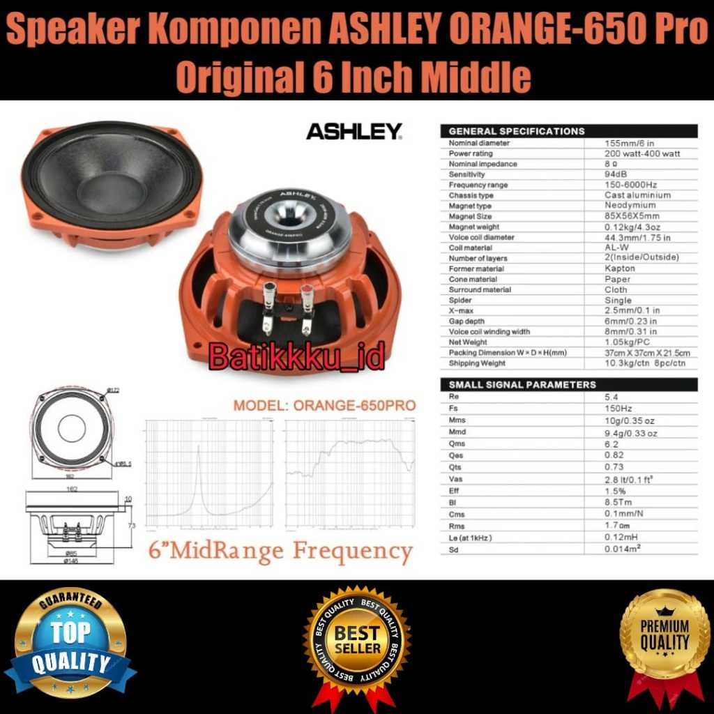 Speaker Komponen ASHLEY ORANGE 650 PRO ORANGE650 PRO Original 6 Inch Middle