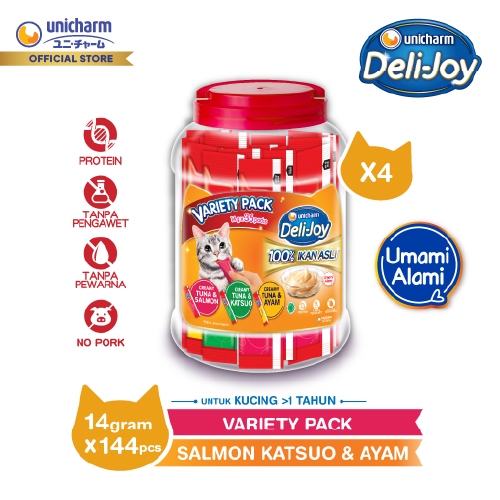 Deli-Joy Toples Variety Salmon, Katsuo & Ayam 14gr x 36 Snack Kucing - 4 Packs