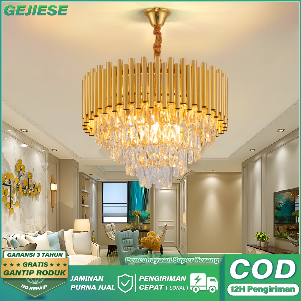 COD GEJIESE Lampu Gantung Kristal Tamu Mewah LED Ruang Tamu 3 Warna Lampu Gantung Kristal Hias