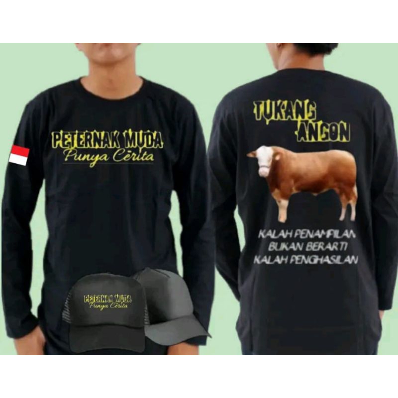 KAOS PETERNAK MUDA PUNYA CERITA TUKANG ANGON SAPI LENGAN PANJANG BONUS TOPI CORAK KUNING