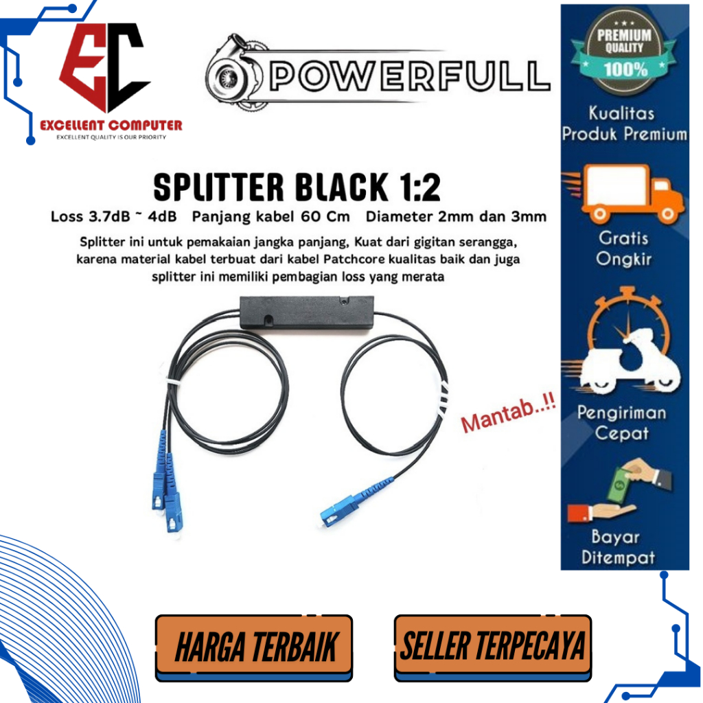 Passive Splitter Fiber Optic 1:2 Modular HITAM POWERFULL SC/UPC - POWERFULL Splitter BLACK 1:2
