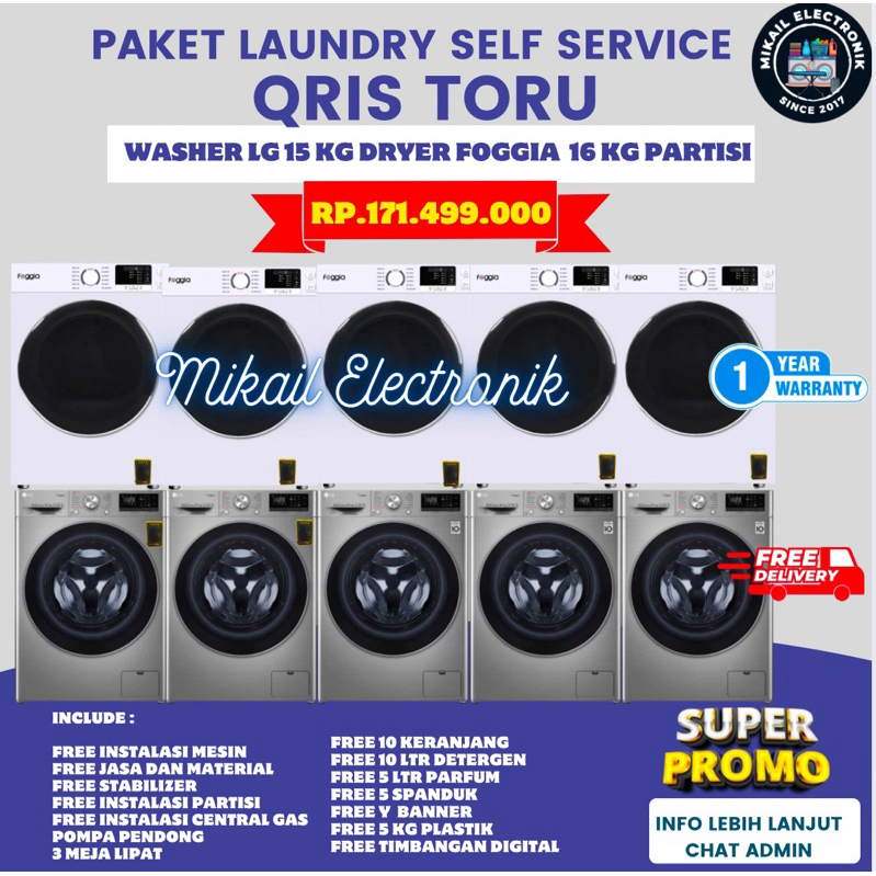 PAKET LAUNDRY PARTISI SELF SERVICE QRIS TORU MESIN CUCI LG 20KG MESIN PENGERING FOGGIA 16KG