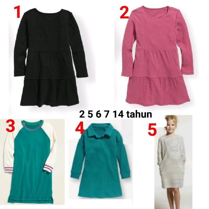 Dress anak perempuan old navy 2 5 6 7 8 14 tahun tunik lengan panjang salur polos hitam ungu hijau