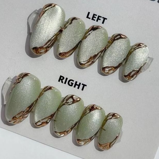 Press On Nails Hijau Sage Cat Eye Full Chrome| Kuku Palsu Hijau Sage Free Lem gel