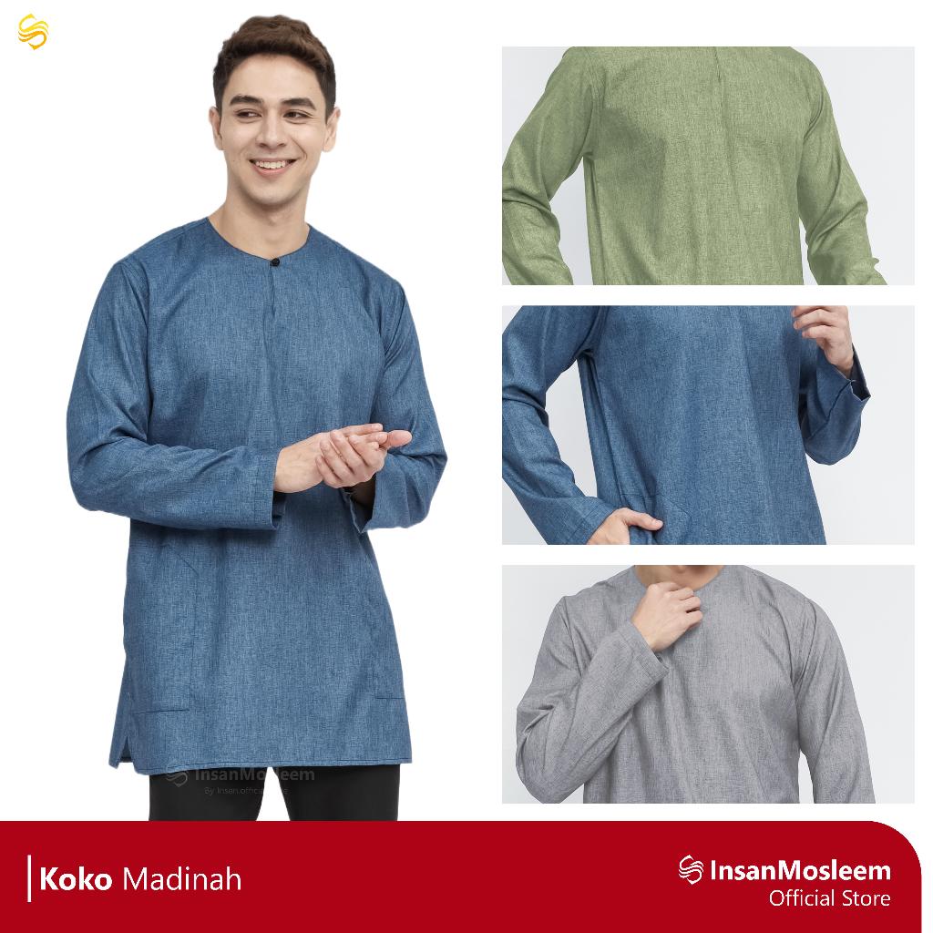 InsanMosleem Koko Kurta Baju Koko Kurta Pria Lengan Panjang Bahan Katun Tebal Warna Denim Biru Koko 