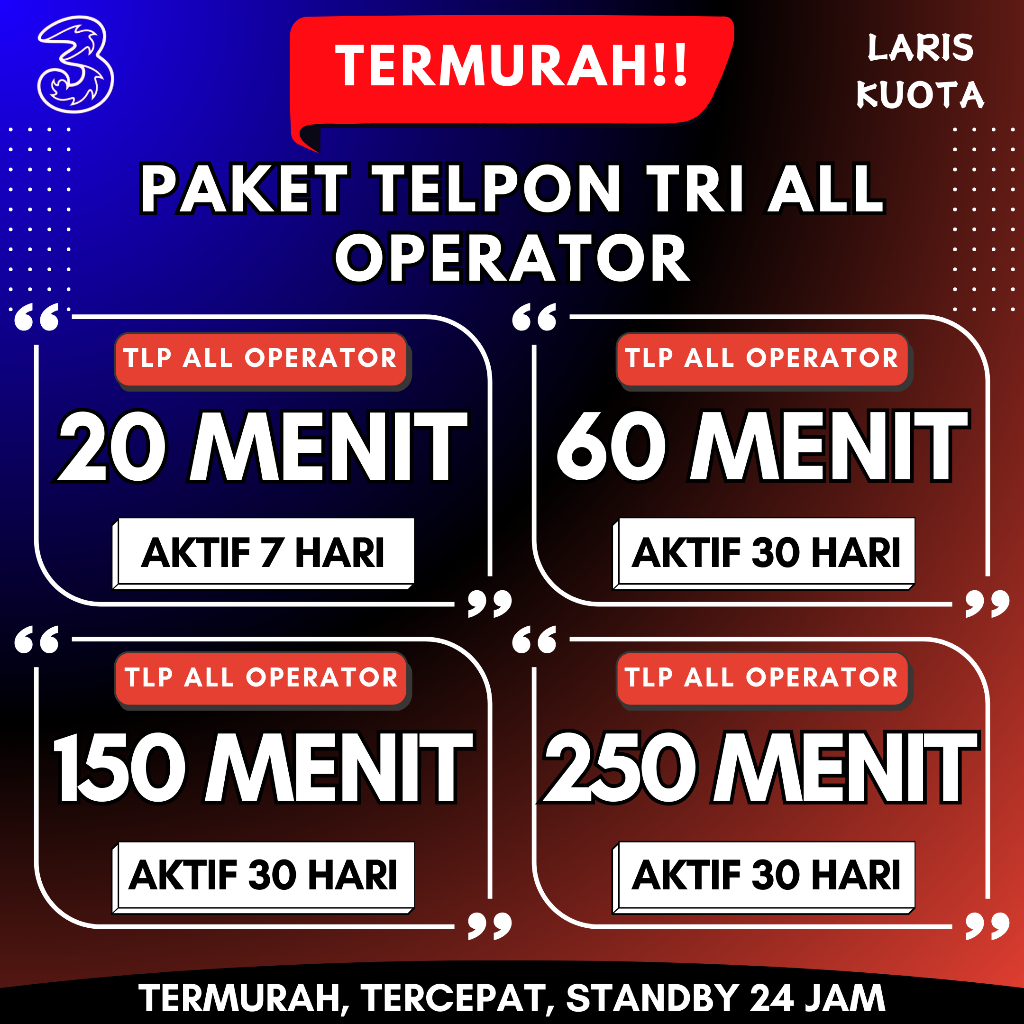 Paket Kuota Telepon Tri 3 All Operator Harian Bulanan 30 Hari Termurah Kualitas Terbaik