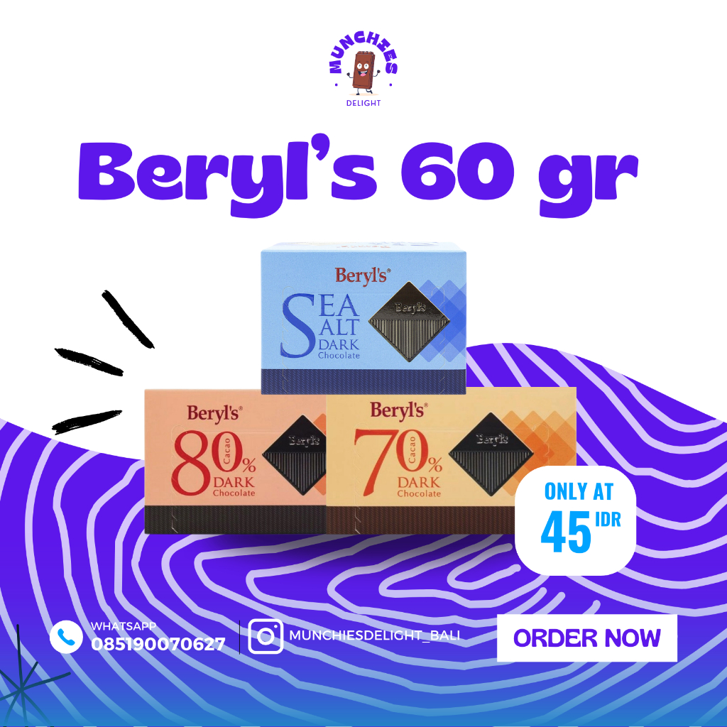 Beryl's Dark Chocolate 60 g / Coklat Beryls / Beryls Dark Chocolate / Beryls Seasalt / Beryls 70% / 