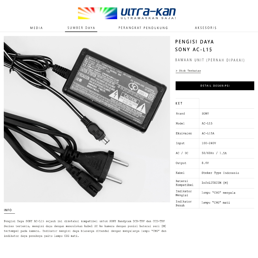 Pengisi Daya SONY AC-L15 / Charger Baterai InfoLITHIUM M Series - Kamera Video Digital SONY Handycam