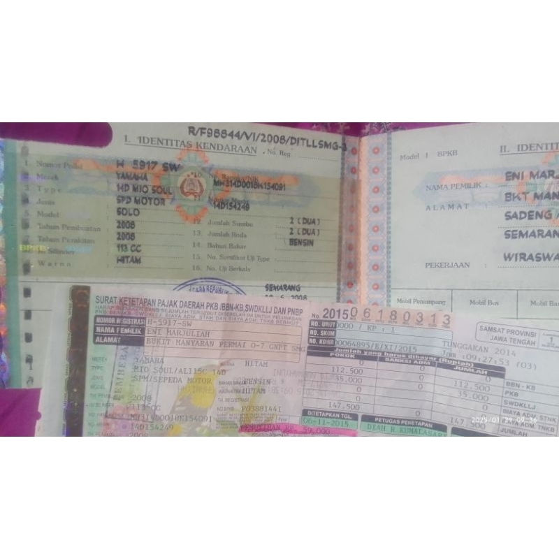 Surat kelengkapan motor Mio soul 2008