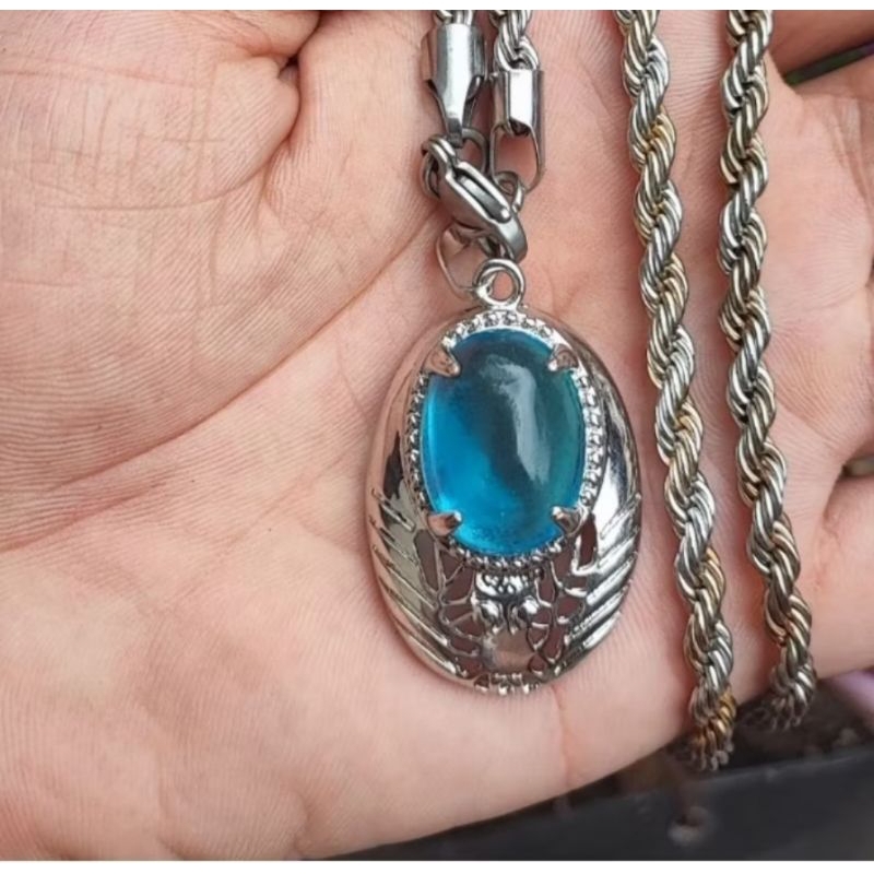 Kalung Liontin Batu Permata Blue Topaz Ring Titanium