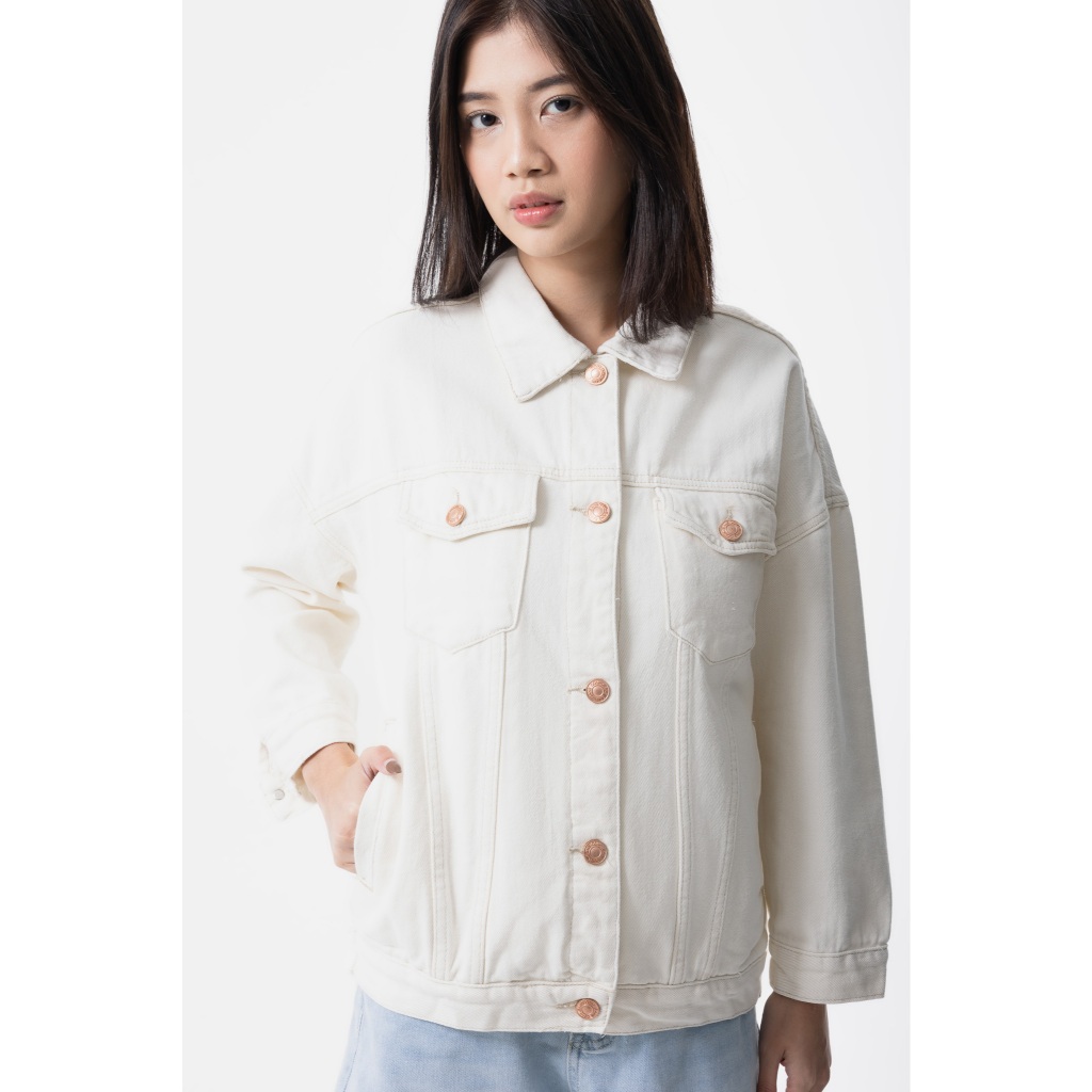 ODIVA - Ferna Denim Jacket Broken White | Outer Jaket Jins Wanita Lengan Panjang