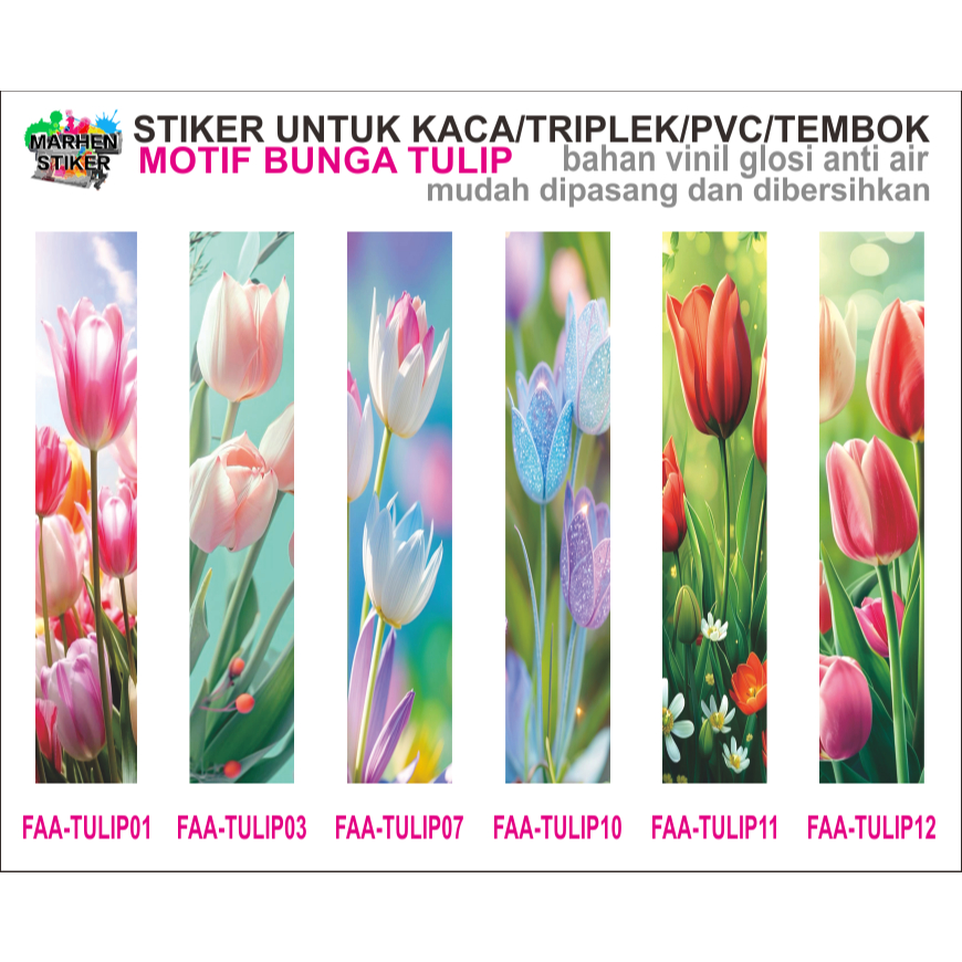 Stiker Kaca Jendela/Pintu/Lemari Motif TULIP Bhn Vinil Glosi Anti Air (pasang dr luar/bs req ukuran)