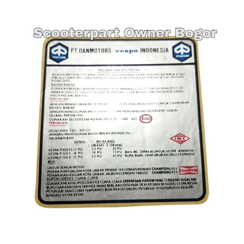 Stiker Running In Petunjuk Pemakaian Danmotor Original Nos Vespa PTS PX PS