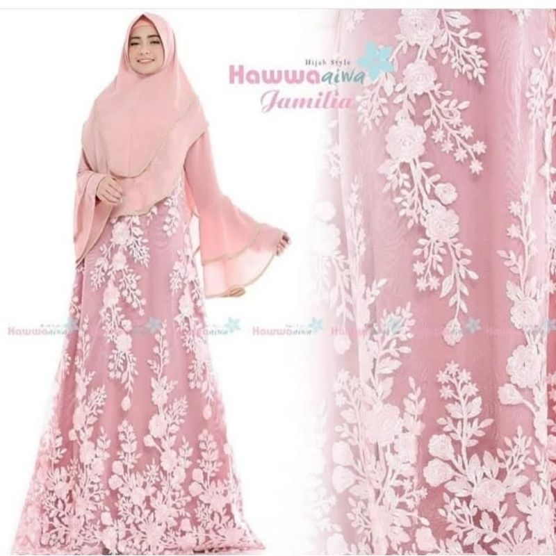 gamis premium hawwaaiwa peach brukat  bahan tebal adem  branded lebaran sale 500k