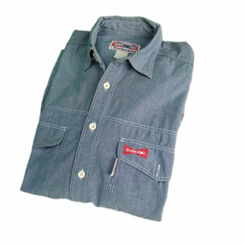 Blue denim Kemeja Vintage Lengan Panjang Pria Budweiser Second brand  Original
