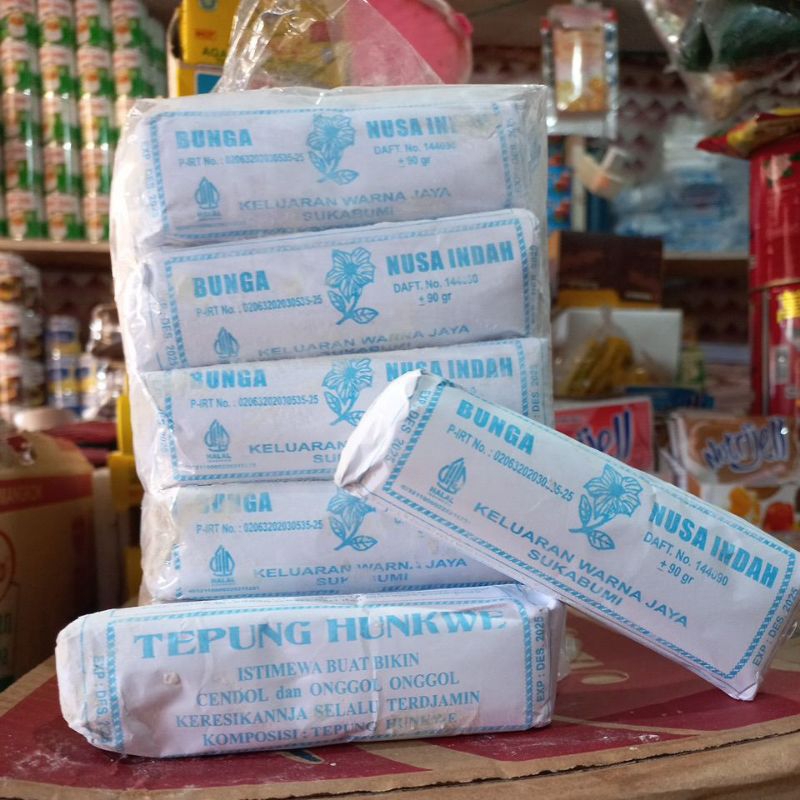 

TEPUNG HUNKWE cap BUNGA NUSA INDAH bahan utama membuat Cendol dan Onggol Onggol 1pack (isi10pcs)