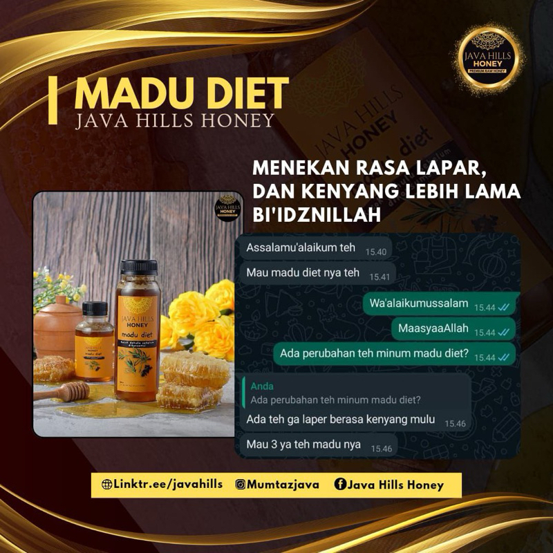 

MADU DIET - Javahills Honey 100% | Membantu menurunkan berat badan, detoksifikasi usus, badan lebih sehat dan bugar.