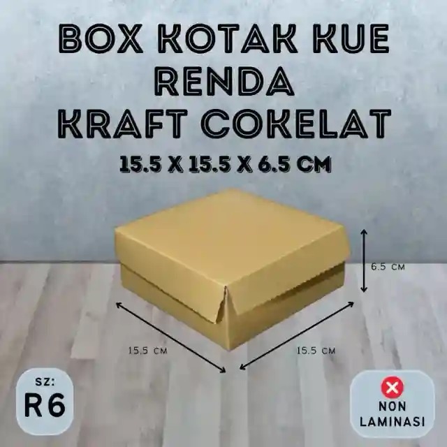 Box Kotak Kue (R6) Renda Kraft Cokelat ukuran 15,5x15,5x6,5 cm Ketebalan 310gsm Muat Aqua Gelas | Du