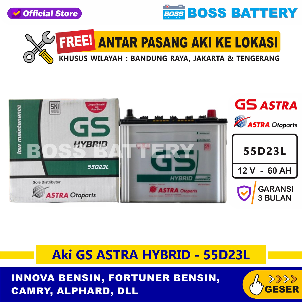Aki GS HYBRID 55D23L - 60 Amper, Aki GS ORIGINAL ASTRA OTOPARTS