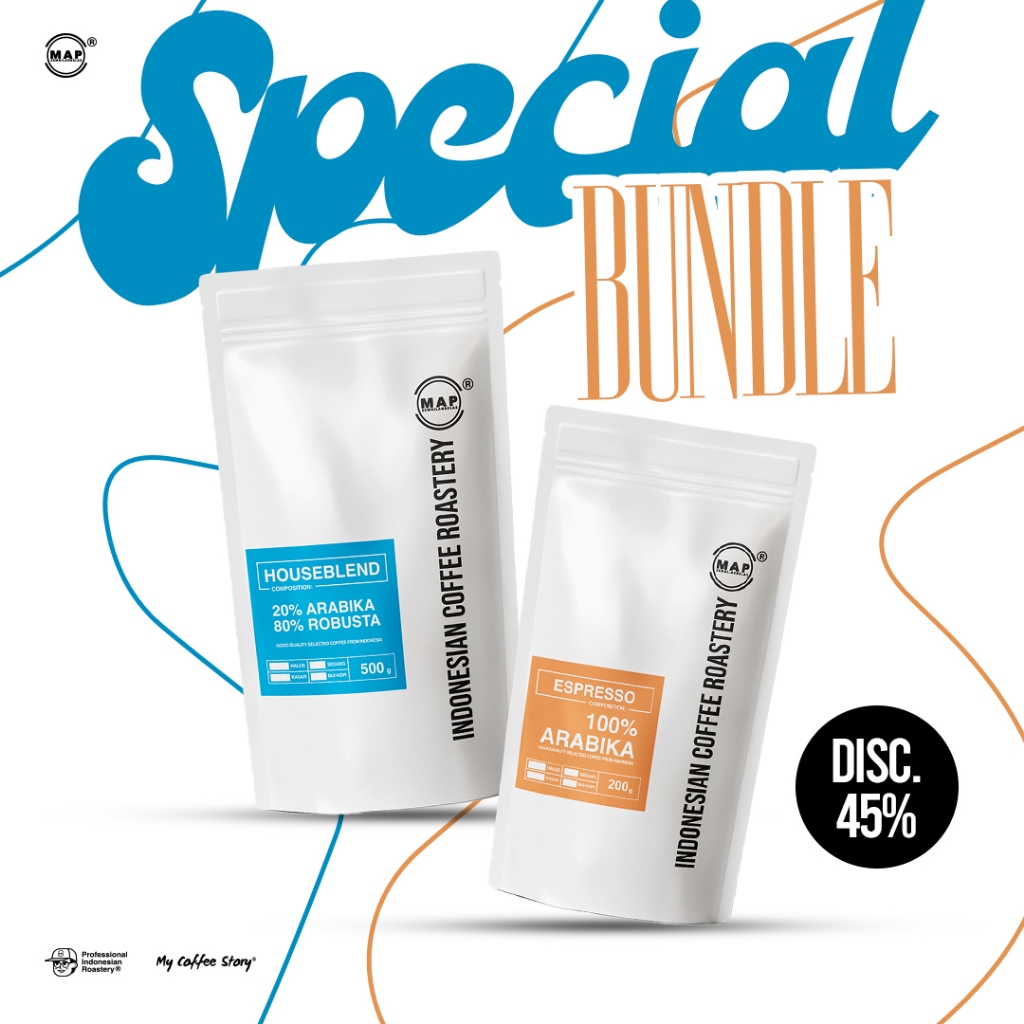 

Celebrate Ramadan Special Bundling MAP19 Coffee Houseblend 500g 20% Arabika 80% Robusta + MAP19 Coffee Pure Arabika 200g 100% Arabika Biji Kopi Indonesia