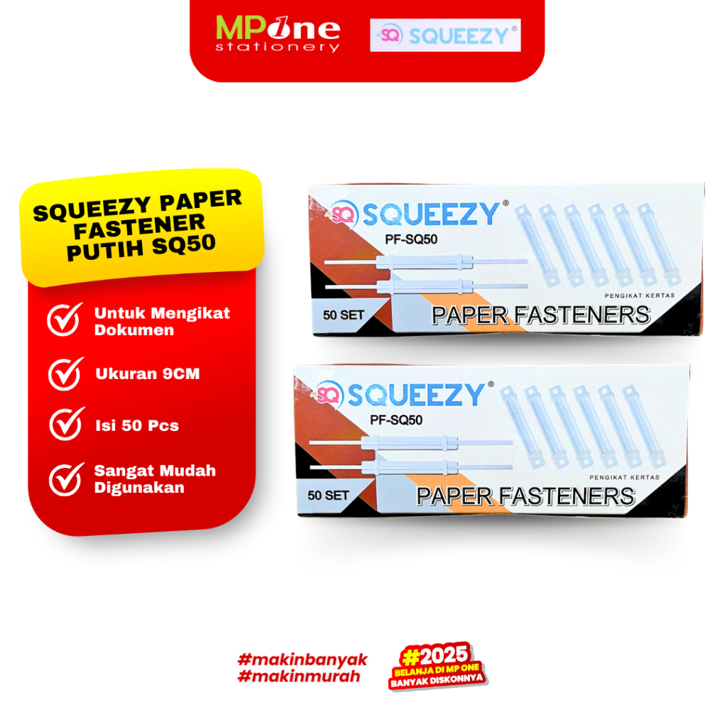 

(1 KOTAK) Squeezy Paper Fastener Putih SQ50 / Pengikat Kertas File Dokumen / Fastener Putih Polos Squeezy Isi 50 PCS